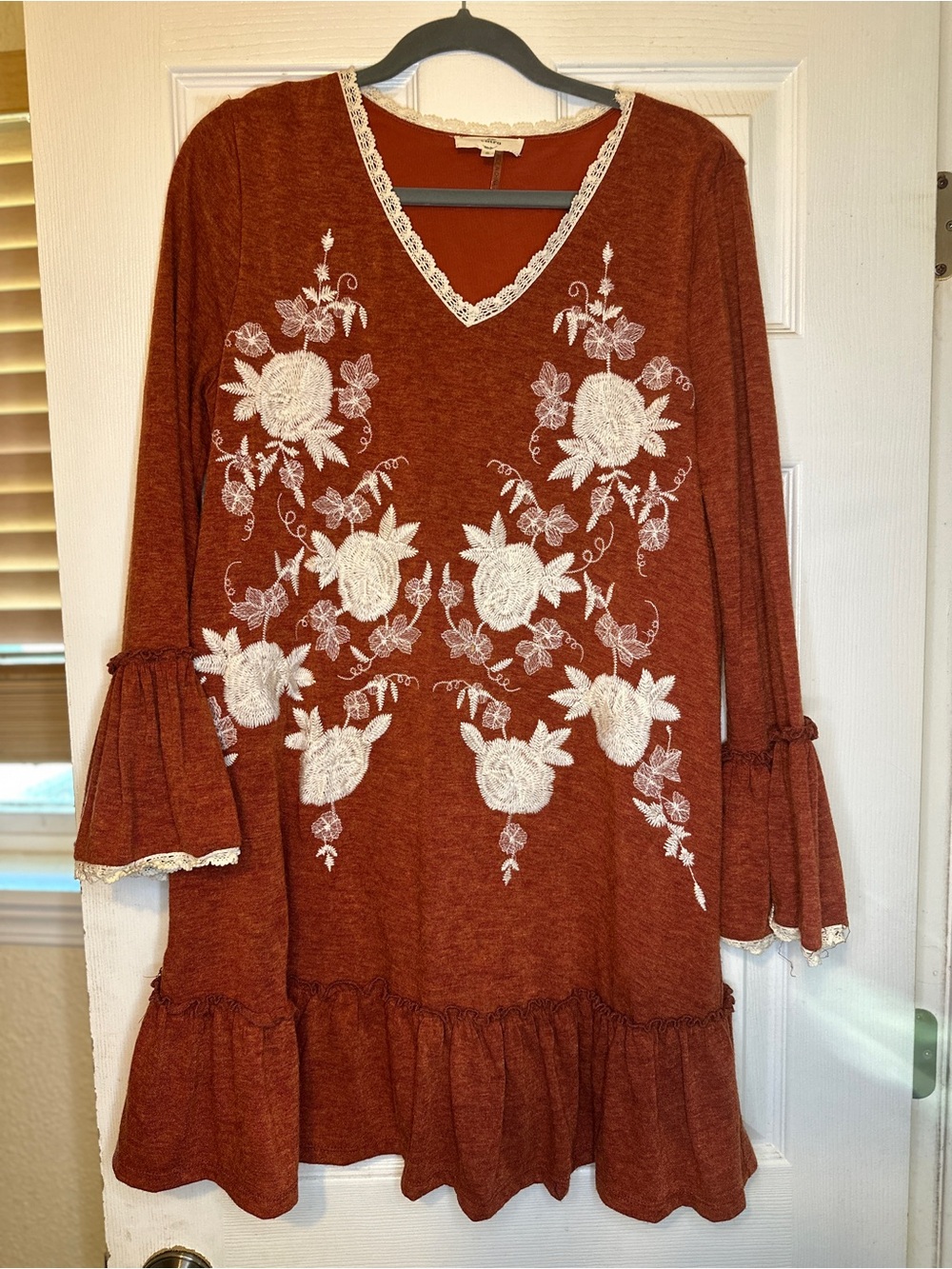 Entro Rust Floral Embroidered V-Neck Swing Dress